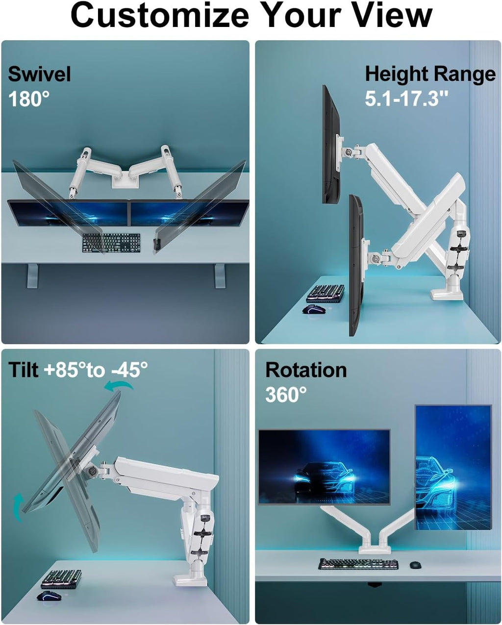 Dual Monitor Desk Mount, 13-32 inch Adjustable Gas Spring Monitor Arm, Computer Display Stand Holder with Clamp and Grommet Base, Fits 4.4 to 22lbs Screens, VESA Mount Bracket, White, Freelift Pro