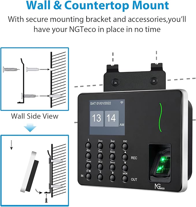 NGTeco Time Clocks for Employees Small Business, W3 2.4GHz WiFi Biometric Fingerprint Time Card Machine, Office Punch Clock Automatic in and Out with iOS/Android App No Monthly Fees