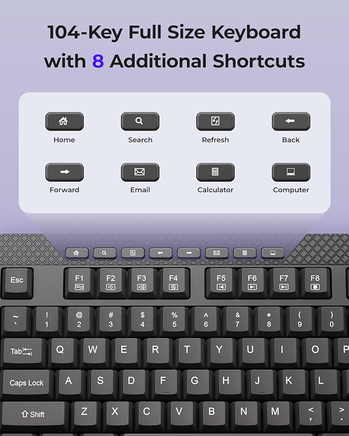 Wireless Keyboard and Mouse Combo, 5-Level Adjustable 4000 DPI Mouse, Quiet 2.4G Full Size Keyboard with 8 Additional Shortcuts, Silent Typewriter for PC, Desktop, Laptop, MacBook