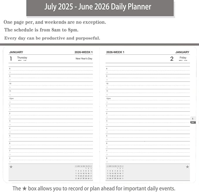 Daily Planner 2025-2026, One Page Per Day, Academic Calendar (July 2025 - June 2026), Appointment Book with Time Slots and Monthly Tabs, 5.7" x 8.25", Pocket, Leather Cove (Lake Green)