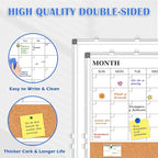 Monthly Calendar Whiteboard Dry Erase Cork Board Combo for Wall, 24" x 18" Double-Sided Calendar White Board and Bulletin Board, Portable Board for Office, Kitchen, School, Home