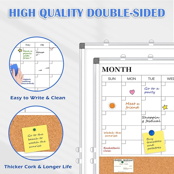 Monthly Calendar Whiteboard Dry Erase Cork Board Combo for Wall, 36" x 24" Magnetic Double-Sided Calendar White Board and Bulletin Board, Portable Board for Office, Kitchen, School, Home