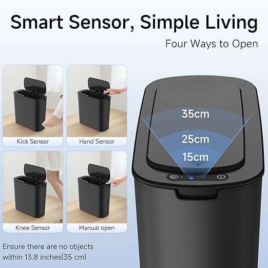 TIPGO Automatic Motion Sensor Bathroom Trash Can with Lid, 2.6 Gallon Touchless Trash Bin, Smart Garbage Can Plastic Slim Wastebasket for Bedroom, Office, Dorm (Black)