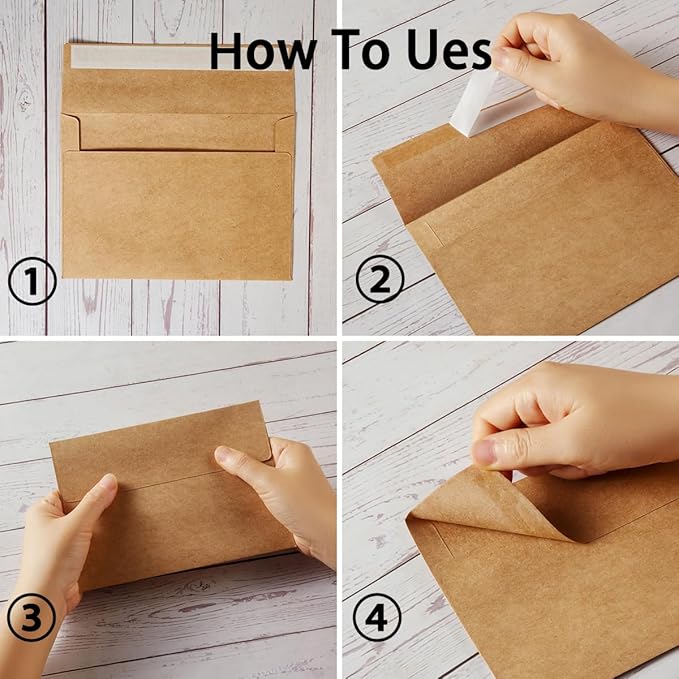 Wishop 50 Pack Self-Adhesive Envelopes with Fold Cards for Wedding Invitations, Greeting Cards, Baby Shower, Letter Mailing (Brown, 4x6)
