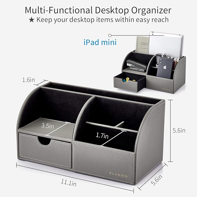 Vlando Desk Organizer with Drawer, Back to School Supplies - 5 Compartment Desktop Storage Holder with Organizer Section for Desk Accessories (Gray)
