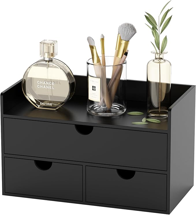 Bamboo Desk Organizer with Drawers Desktop Storage Drawers for Bills Office Supplies Kitchen Utensils Organizing Tool for Home Classroom Organization No Assembly (Black with Shelf)