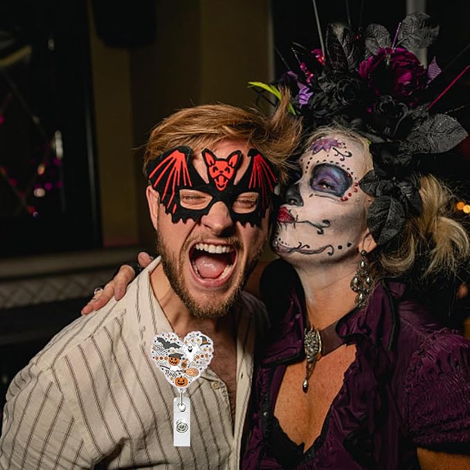 Halloween Ghost Badge Reel Fun Halloween Retractable ID Badge Reel for Nurse, Heart Shape Acrylic Pumpkin Badges Holder with Alligator Clip Fun Holiday Gifts for Nurses Medical Assistant Nursing Staff