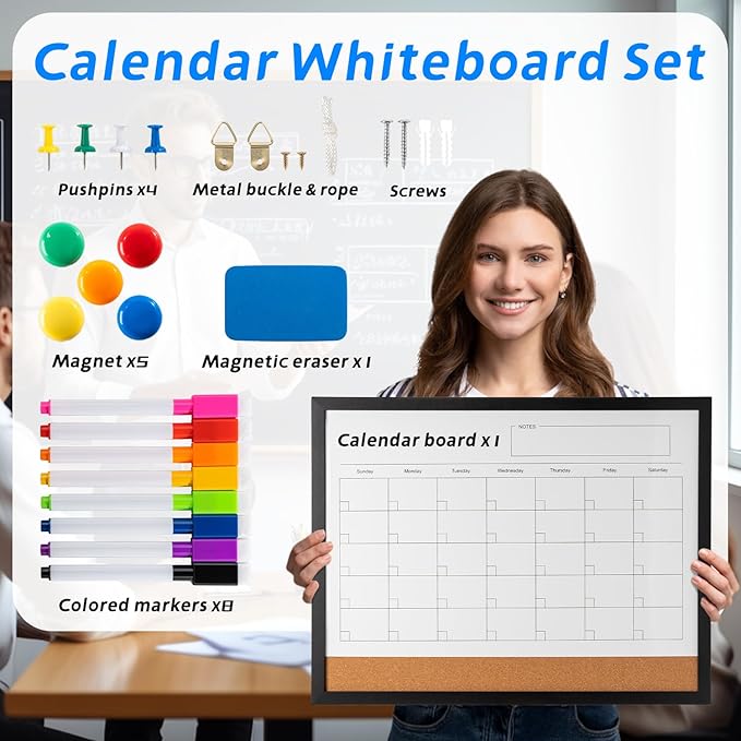 Dry Erase Calendar Whiteboard, 17" x 13" Magnetic Whiteboard Cork Board Combo, Reusable Monthly Planner with 8 Markers, Eraser, Magnets and Pushpins, Hanging Dry Erase Board for Home, School - Black