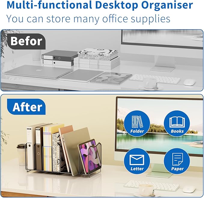 Simple Trending Mesh Desktop File Sorter Organizer, 7 Section Bookshelf For Desk Home Office, Black