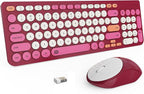 FD Wireless Keyboards and Mouse Combo - 2.4GHz USB Cordless, Cute Wireless Keyboard Round Keys, Quiet and Slim Set for Laptop, Computer, TV and Mac - Strawberry White Colorful