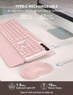 Wireless Keyboard and Mouse Backlit - Typewriter Keyboard with Retro Round Keycaps, Detachable Wrist Rest, Light Up Letters, 2.4G Rechargeable Combo for Mac, Windows, PC, Laptop, Trueque (Pink)