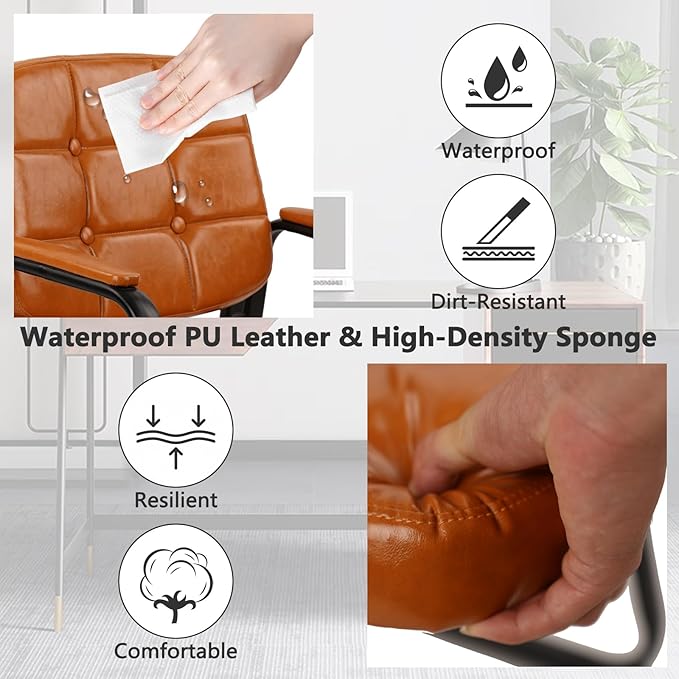 CLATINA Office Guest Chair, Leather Reception Chairs with Padded Arms, Desk Chair No Wheels Stationary for Conference Lobby Waiting Room Training Side Elderly, Orange