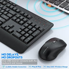 Wireless Keyboard and Mouse Combo, E-YOOSO 2.4GHz Full Sized Ergonomic Wireless Keyboard with Wrist Rest, 3 DPI Adjustable and 6 Buttons Cordless USB Mouse for Computer, Laptop, PC, Windows (Black)