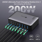 USB C Fast Charger Block 200W, 8 Ports Charging Station for iPhone/Ipad/MacBook, 4C4A GaN Charger Box, Flat Plug Multi Chargers for All Devices 5ft Braided Power Cord with On/Off Switch