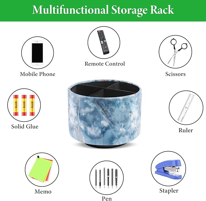 Round Leather Art Supply Organizer,Remote Control Holder,360-degree Rotating Pen Organizer with 4 Compartments(1-Marble Jade)