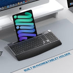 JOYACCESS Ergonomic Wireless Keyboard with Wrist Rest, Low-Profile,Phone Holder,2.4GHz Full Size Silent Cordless USB Computer Keyboard for Windows, Mac OS Desktop/Laptop/PC-Black Grey