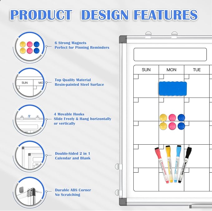 Monthly Calendar Dry Erase Whiteboard for Wall, 36" x 24" Double-Sided Calendar White Board, Magnetic Portable Board for Office, Kitchen, School, Home