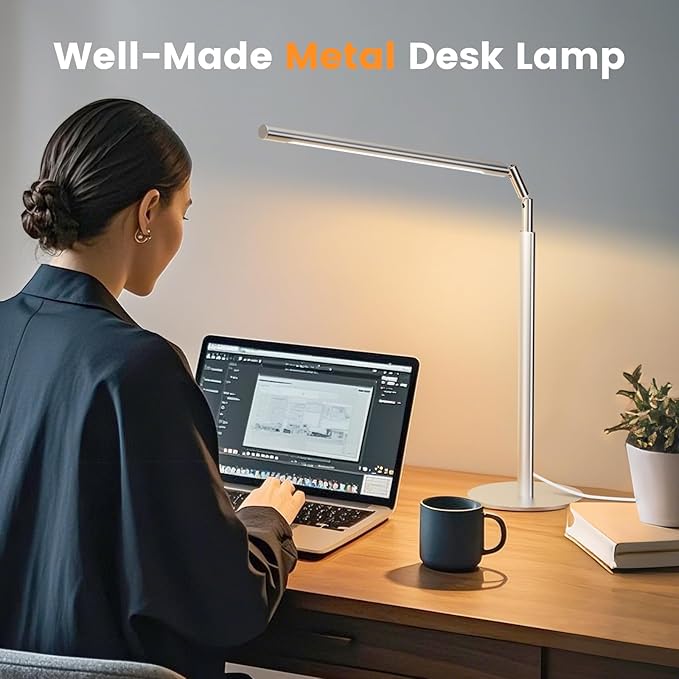 Metal Desk Lamp for Home Office - Foldable LED Table Lamp for Reading, 4 Color & 6 Brightness, 15W Dimmable Desk Light with Flexible Arm, Eye-Caring Desktop Lamp for College Dorm, Silver