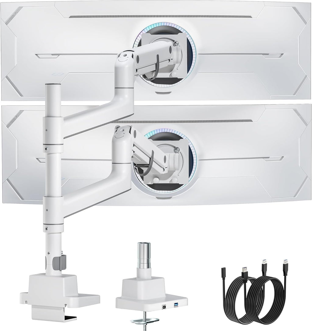 monTEK 17-57 Inch Dual Ultrawide Monitor Arm for Up to 59.4lbs Screen, Aluminum Heavy-Duty Gas Spring Vertical Stackable Curved Screen Adjustable Monitor Stand,75/100mm Vesa Mount, White