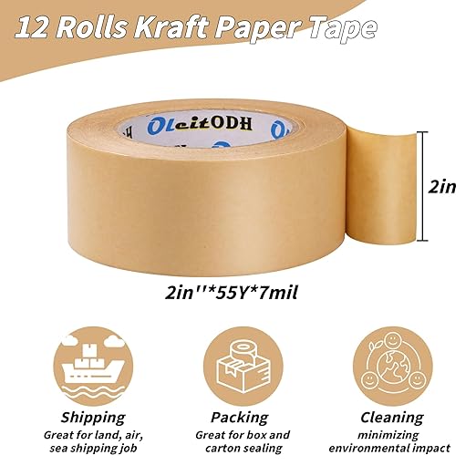 12 Pack Brown Paper Packing Tape, Kraft Paper Tape Bulk 2" x 55 Yardx 7 mil Gummed Tape for Marking, Sealing Box, Masking, Shipping, Strong Adhesive Easy-to-Tear Waterproof Tape