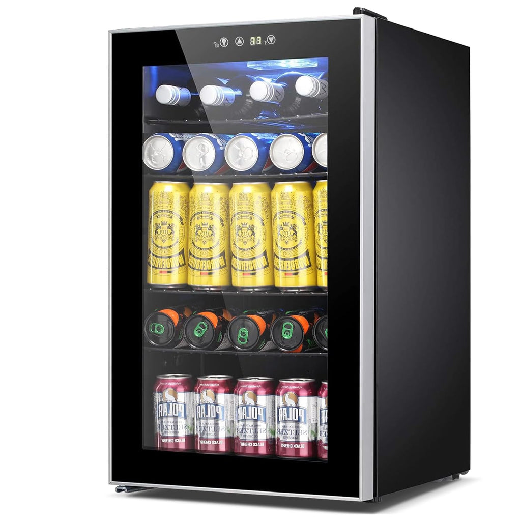 COWSAR Mini Fridge Cooler, 95 Can Beverage Refrigerator with Glass Door, ETL Approved Wine Fridge with Digital Temperature Control, LED Light for Home, Office, Bar, and Game Room - 2.6 Cu.Ft. Black