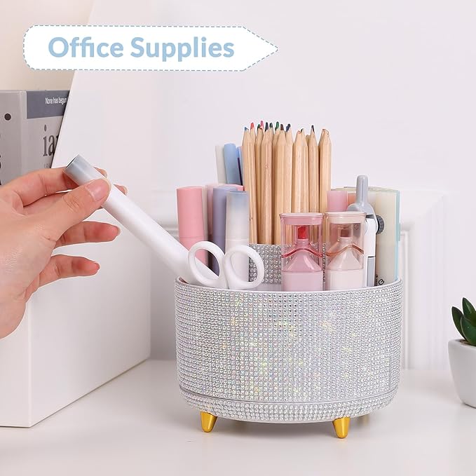 SKYDUE 360 Degree Rotating Desk Organizer, Shining Dual-Purpose Rhinestone Pencil Pen Holder, Rotating Desk Pen Organizer with 5 Slots, Rhinestone Pencil Cup for Office, School, Home