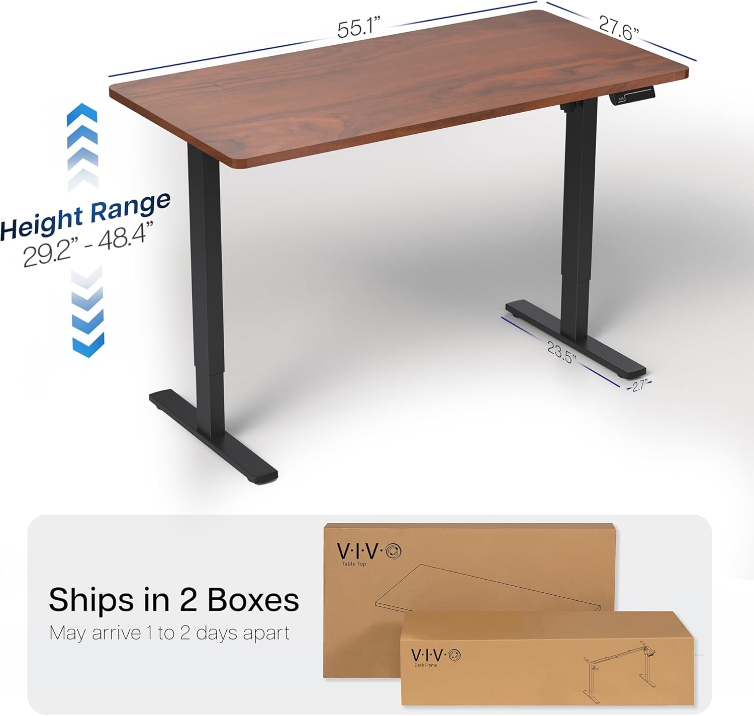 VIVO Electric 55 x 28 in Standing Desk, Memory Height Adjustment, 1B Series, One-Piece Dark Walnut Top, Black Frame, DESK-KIT-1B55D