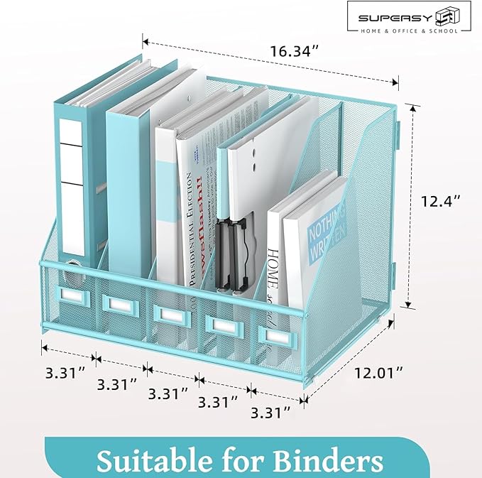SUPEASY Desk Organizers Metal Desk Magazine File Holder with 5 Vertical Compartments Rack File Organizer for Office Desktop, Home Workspace, Blue Plus