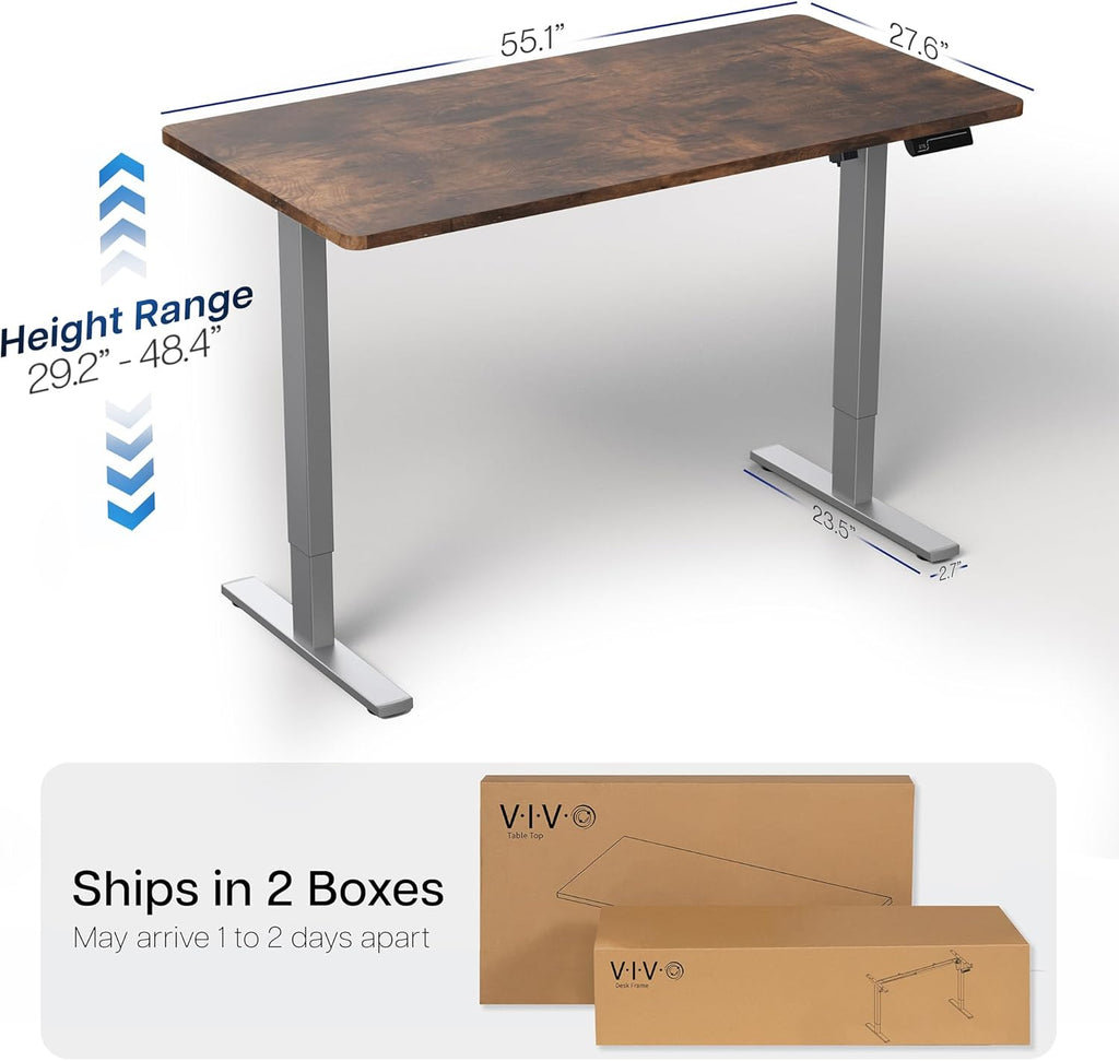 VIVO Electric 55 x 28 in Standing Desk, Memory Height Adjustment, 1B Series, One-Piece Rustic Vintage Brown Top, Gray Frame, DESK-KIT-1G55N