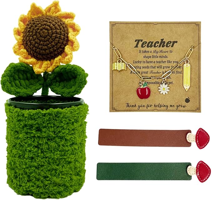 Teacher Appreciation Gifts Set – Crochet Sunflower Pen Holder, Mushroom Bookmarks, Charm Bracelet, Thank You Gift for Women Book Lovers