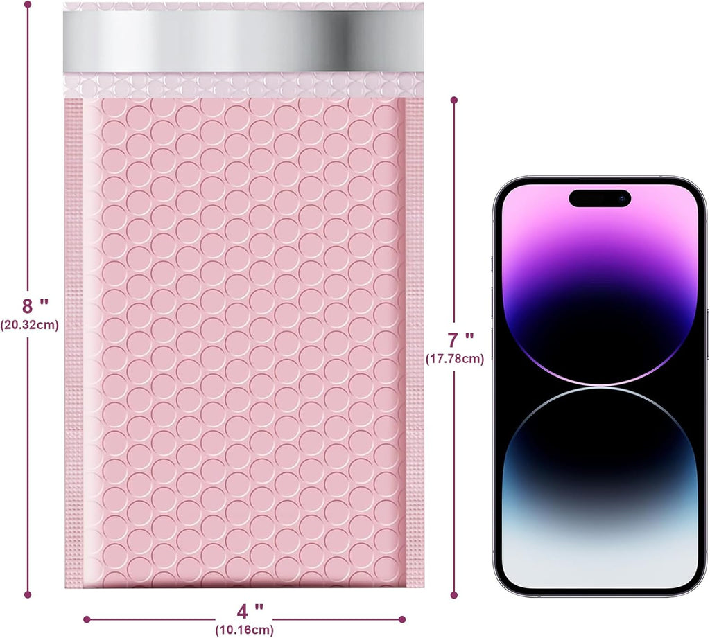 Poly Bubble Mailers 4x8 Padded Envelopes #000 50pcs, Self Seal Shipping Envelopes Padded Packaging for Small Business (Pink)