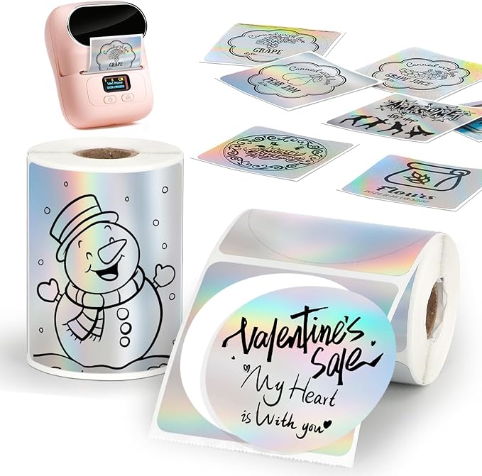 HuiJuKeJi 2 Rolls Holographic Silver Thermal Labels Paper for Phomemo M110 M200 M220 M221,50x50MM Round＆Square,Waterproof Self-Adhesive Mini Printer Laser Stickers for DIY Glitter Labels/Thanks Card