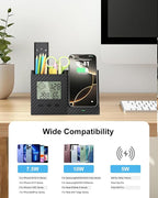Multifunctional Pen Holder and Organizer for Desk with Wireless Charger, Digital Indoor Thermometer and Humidity Gauge, Home Office Organizers and Storage (Battery Included)