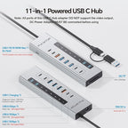 Powered USB C Hub, PULWTOP 11-in-1 USB Hub with SD/TF, 2*USB-C 10Gbps, 4*USB-A 5/10Gbps and 2 * 24/45W Type-C PD Charging Ports (Not Support Video), USB Powered Hub (72W DC Adapter Included)