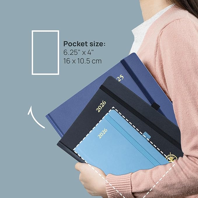 POPRUN 2026 Planner (Pocket Size 4''x 6.25'' Hardcover) - Small Calendar for Purse with Hourly Schedule & Vertical Weekly Layout, Monthly Calendars, 100 GSM - Pacific Green