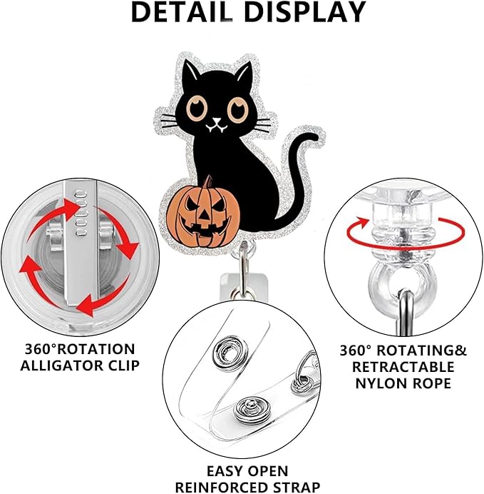 Halloween Badge Reels Retractable ID Name Badge Holder Cute Black Cat with Pumpkin Acrylic Badge Clip with Alligator Clip for Nurses Doctors Office Worker Social Worker Student Supplies