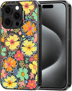 MOSNOVO Case for iPhone 15 Pro, [10ft 4X Military-Grade Drop Protection] Durable & Shockproof Phone Case Cover Design for iPhone 15 Pro - Retro Boho Hippie Flowers - Clear Black