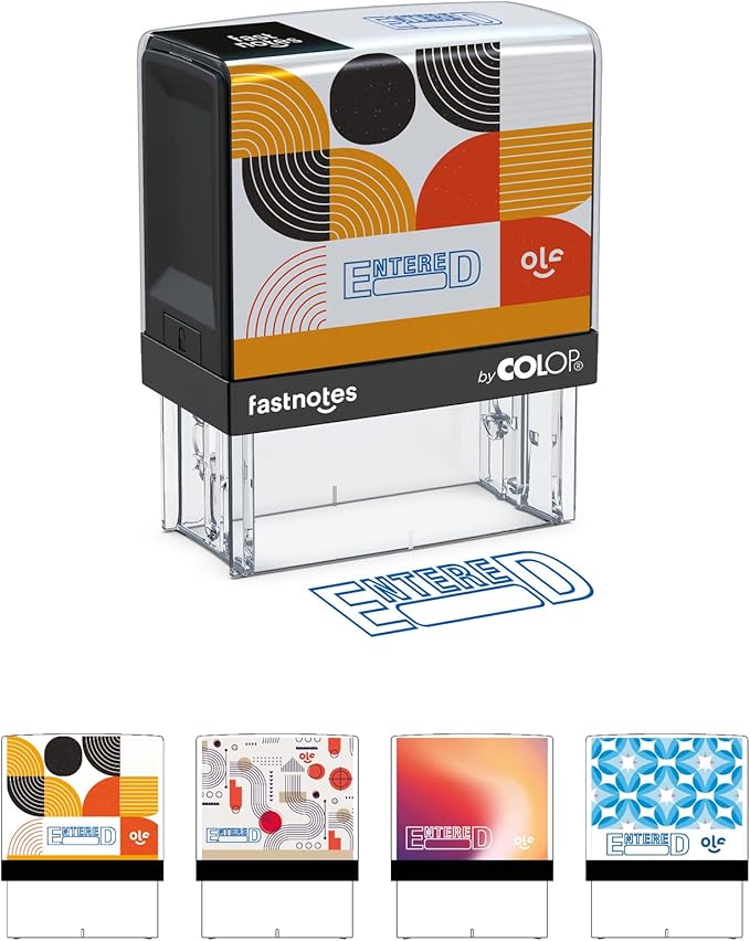Fastnotes Entered Self-Inking Rubber Stamp by COLOP - Great for Office Documents, Notary, Warehouse, Accounting Paperwork, Business, and Legal Documentation - Blue Ink (Entered- Blue)
