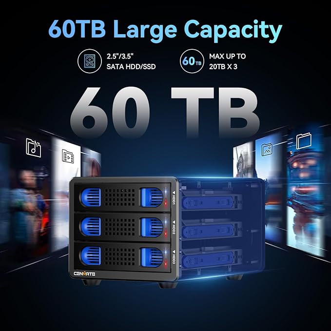 3 Bay Hard Drive Enclosure with Cooling Fan for 2.5“/3.5" SATA HDD/SSD with USB A/C 3.0, Support 60TB, Hot Swappable, Daisy Chain Expansion, Tool-Free HDD Enclosure, DAS(NO RAID/NAS)