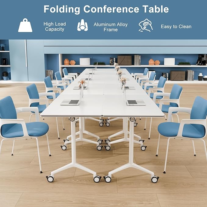 2Pack Folding Conference Room Table, Modern Conference Tables with Silent Wheels, Large Rectangular Mobile Training Tables for Office Classroom, Foldable Modular Seminar Table White (L47.2in)