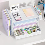 Wood Desk Organizers and Accessories with File Holder, 4-Tier Desk Accessories & Workspace Organizers with Drawer and Pen Holder, Paper Organizer for Office Supplies (White)