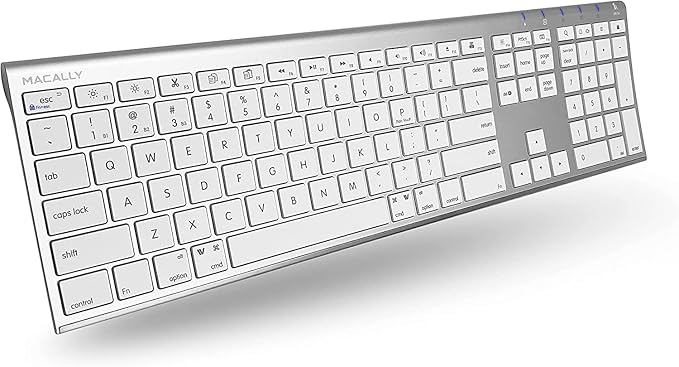 Macally Wireless Bluetooth Keyboard for Mac - Compatible Apple Keyboard or MacBook Pro/Air, iMac - Multi-Device, Up to 3 Devices with 110 Keys, 20 Shortcuts, Numeric Keypad, and Rechargeable - Silver
