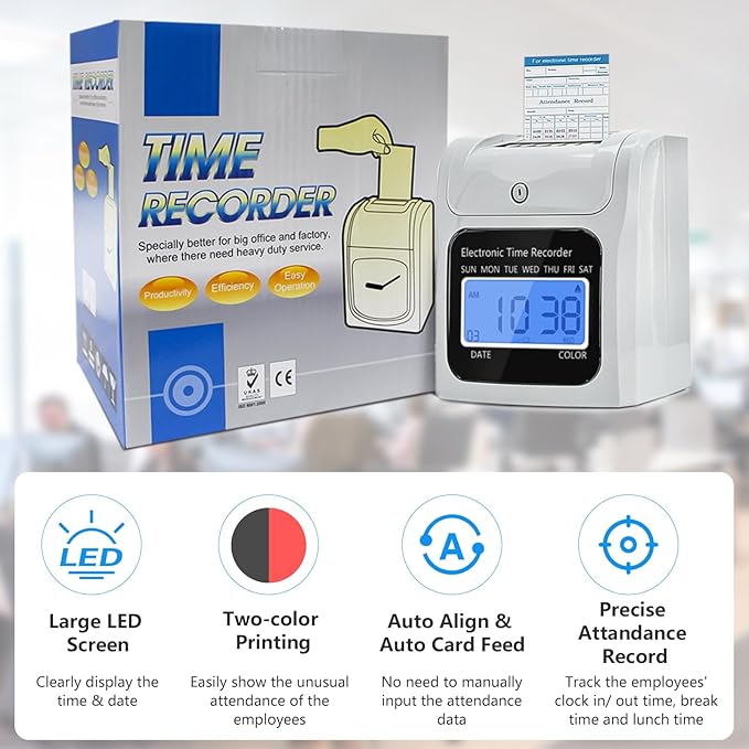 Time Clock Bundle with 200 Time Cards, 4 Ink Ribbons, 2 Ten-Slot Time Card Racks, & 2 Security Keys, Auto-Align Employee Time Clocks for Small Business