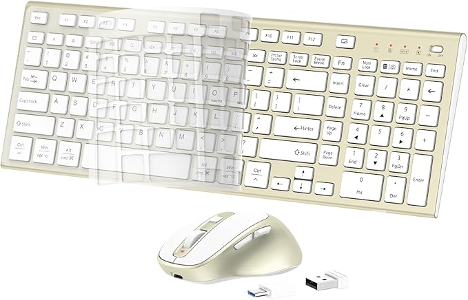 Wireless Keyboard and Mouse, USB Type C Rechargeable Slim Silent Keyboard Mouse, Compact Full-Size Keyboard with Number Pad and Cover for Windows, macOS, PC/Computer/Laptop - Gold