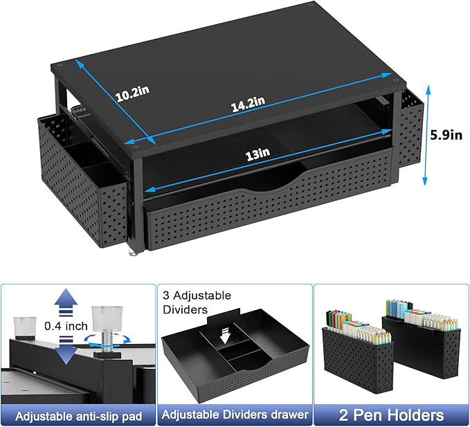 Desk Organizer and Accessories, Computer Monitor Stand Riser with Drawer and 2 Pen Holders, Office Desk Accessories & Workspace Organizers for Office Supplies (Black)
