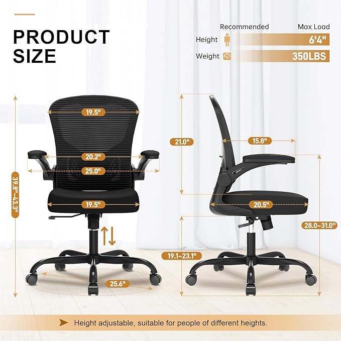 Office Chair, Ergonomic Desk Chairs 330LBS Capacity High Back Mesh Computer Chair with Flip-up Armrests, Comfy Work Chair with Adjustable Lumbar Support, Rolling Chair