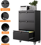 METAN Upgrade 3 Drawers Lateral File Cabinet on Wheels,Steel Office Filing Storage Cabinet with 3 Locks,Assembly Required,Black