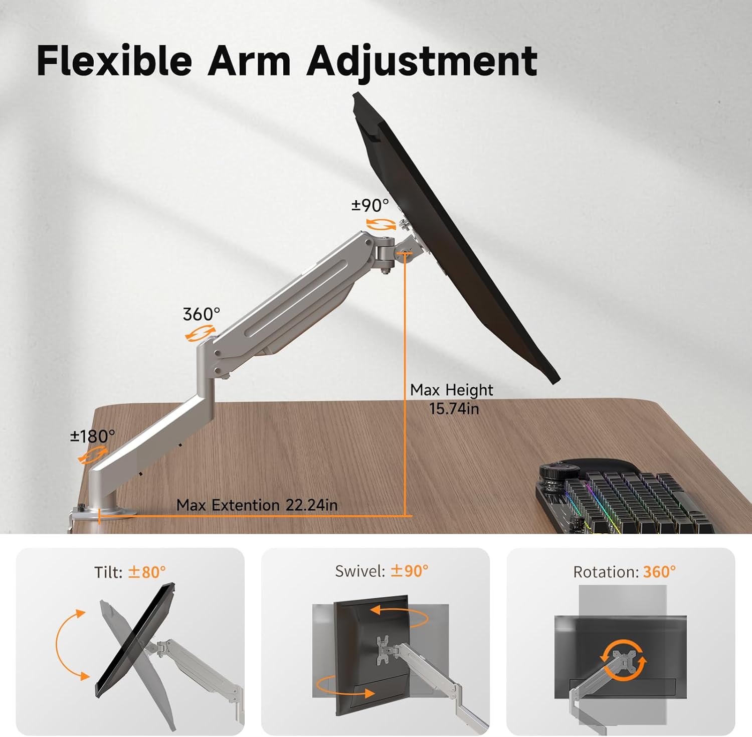 Suptek Single Monitor Mount Stand,Gas Spring Monitor Arm Desk Mount Fully Adjustable for 17 20 22 23 24 26 27 inch Monitors Weight Capacity up to 13.2 lbs (Silver)