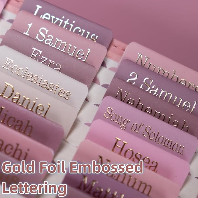 UPAFEXXI-Laminated Bible Tabs for Women and Men (Gold Foil Embossed Lettering) Reposition Large Print tabs, Easy to Read and Apply, 80 Bible Chapters Labels for Easy Navigation(Pink and White)