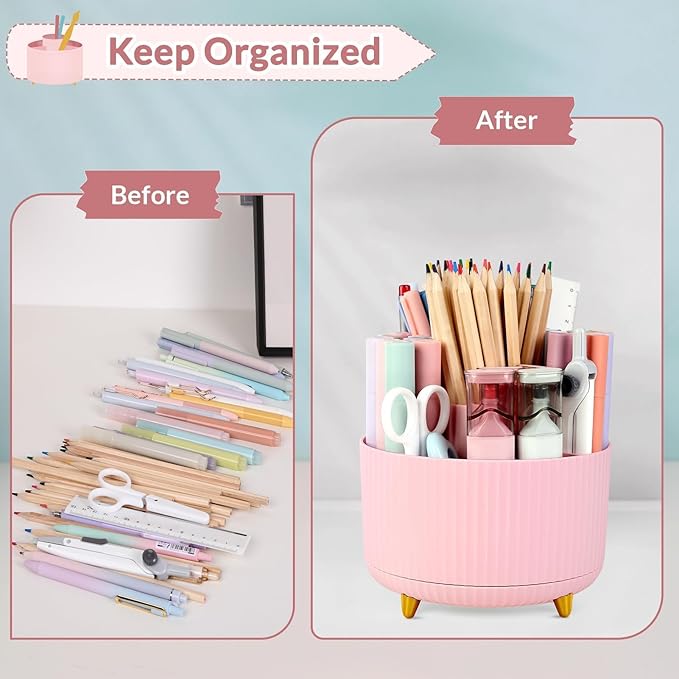 SKYDUE 360 Rotating Multipurpose Organizer - Cute Rotating Pen Holder with 5 Slots for Art Supplies, Office, School, Home